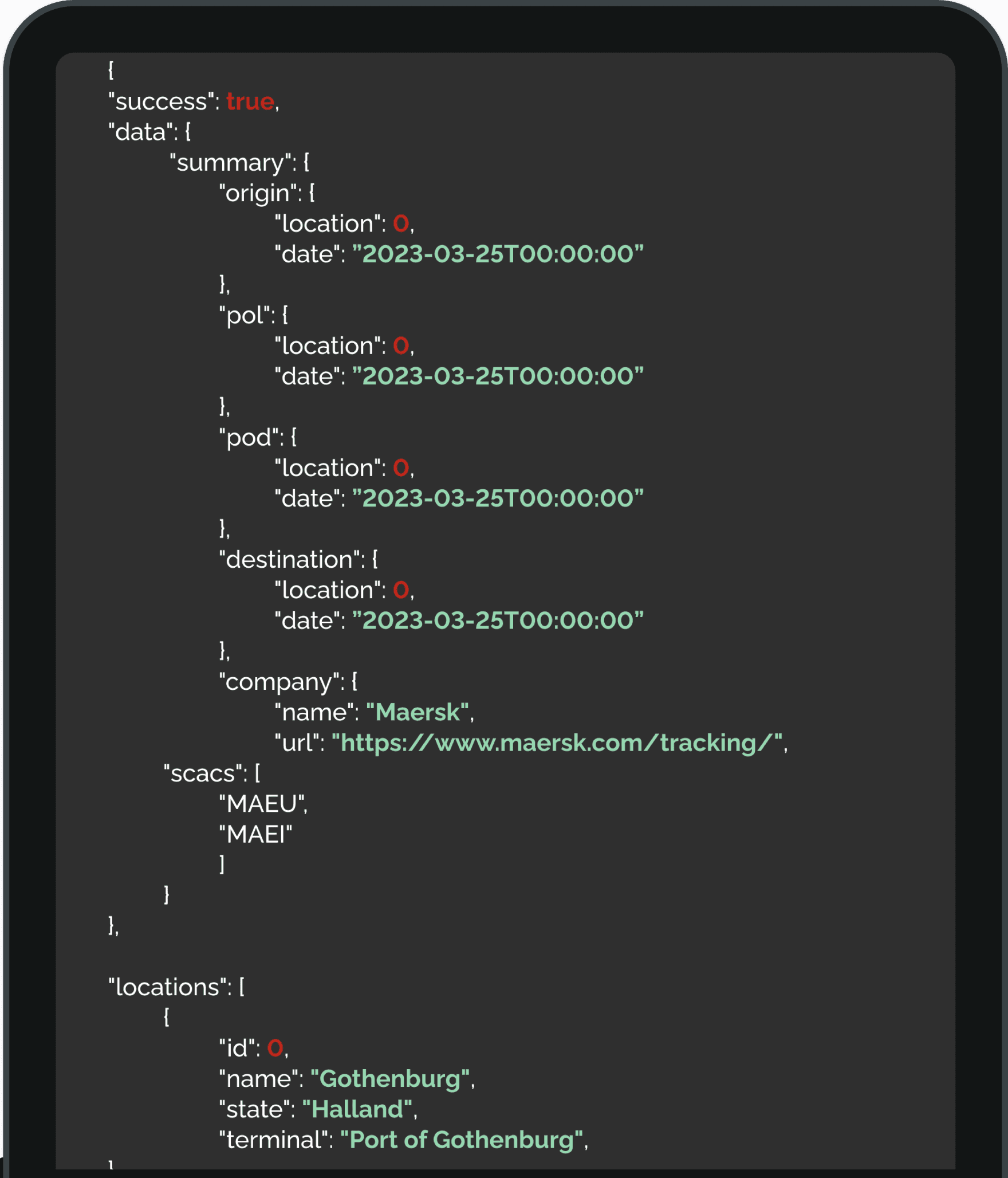 Скриншот ответа API трекинга морских контейнеров